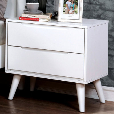 2 Table de chevet moderne de style Mid-Century en bois massif blanc avec pieds inclinés d'aspect conique