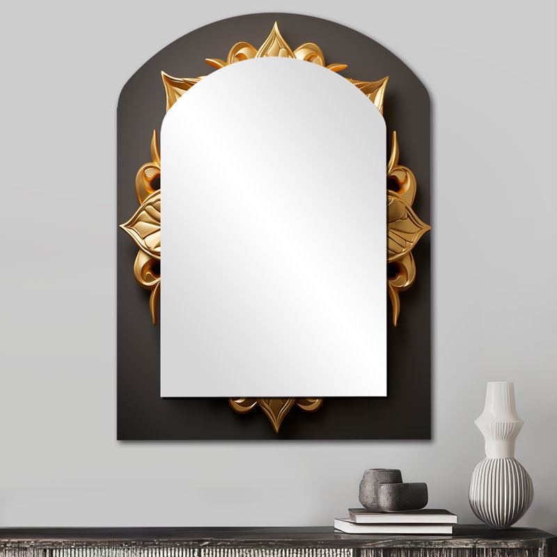 Abstrait doré tournesol glamour II - grand miroir mural arqué sur métal, 34 po x 25 po