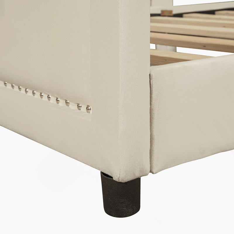 Lit de jour rembourré avec tête de lit à rayures classique, Beige