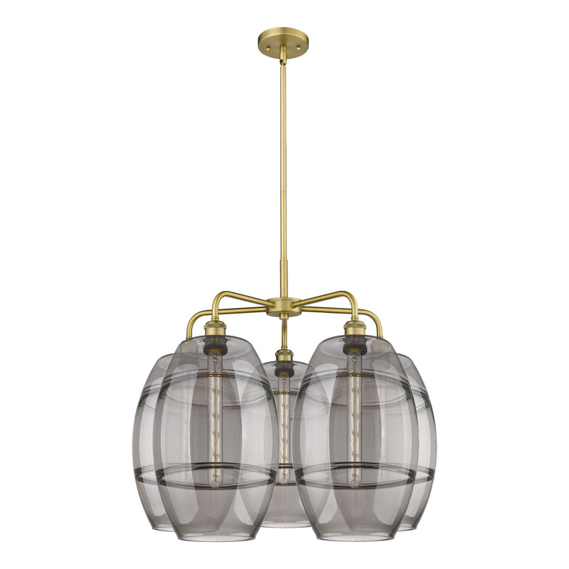 Lustre rond / ovale à abat-jour 5 lumières, Gris fumée clair, Laiton brossé, H 24 po x l 28 po x P 28 po