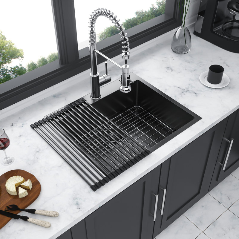 Drop In Kitchen Sink 25X22 Inch Gunmetal Black - 16 Gauge Stainless Steel With Guide Topmount A High-Performance Design