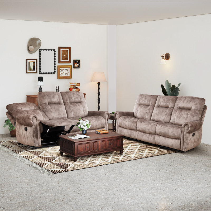 85.43'' Wide Classic Microfiber Manual Reclining Sofa With Dual Side Pull Levers & Nailhead Trim (Set Of 2), Distressed Mocha