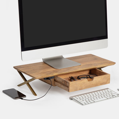 Sumekh Wood Monitor Stand With Drawer & USB Port