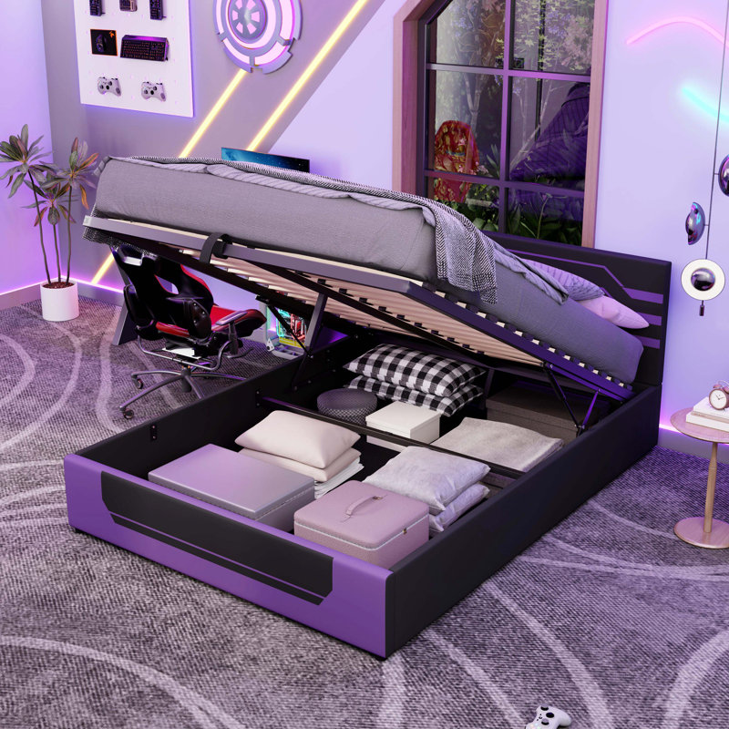Cadre de lit de jeu hydraulique moderne pour grand lit, lit plateforme Cyberpunk Esports Design pour joueurs, noir et mauve