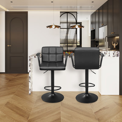 Double Needle PU Leather Height Adjustable Swivel Barstools With Back and Armrest with Dark Frame