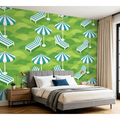 Wall Mural Peel and Stick Wallpaper Striped Beach Umbrellas Lounge Chairs Green Grass Self-Adhesive Removable Contact Paper Wall Decor for Living Room Bedroom 100"H x 144"W