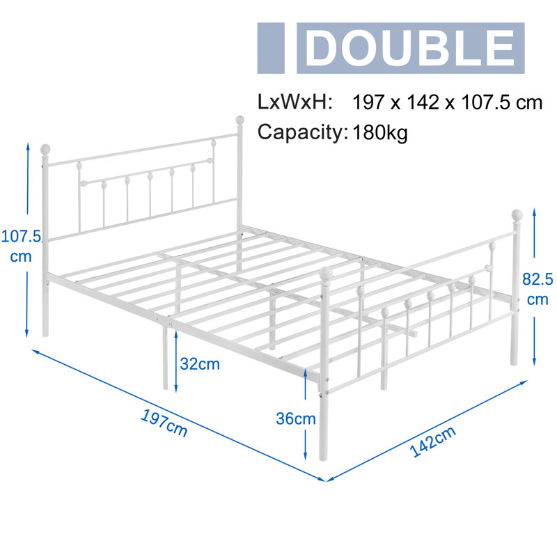 YT Metal Bed Frame w/Headboard and Footboard Platform Bed Frame Single Double Size, White, Double (4'6)