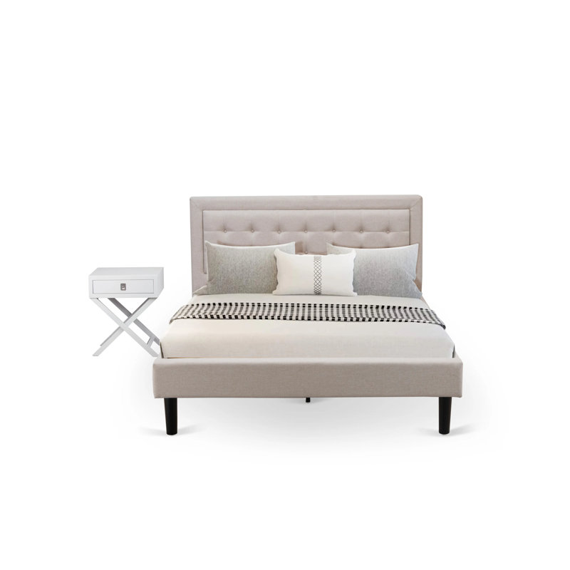 Ensemble de lit plateforme grand 2 pièces avec 1 lit plateforme et une table de bout pour la chambre à coucher - Fabrication fiable et durable - Tissu en lin bleu denim