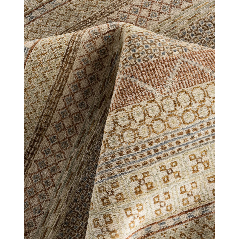 Beige and Light Brown Hand-Knotted Wool Geometric Area Rug, 9'3" x 12'3"
