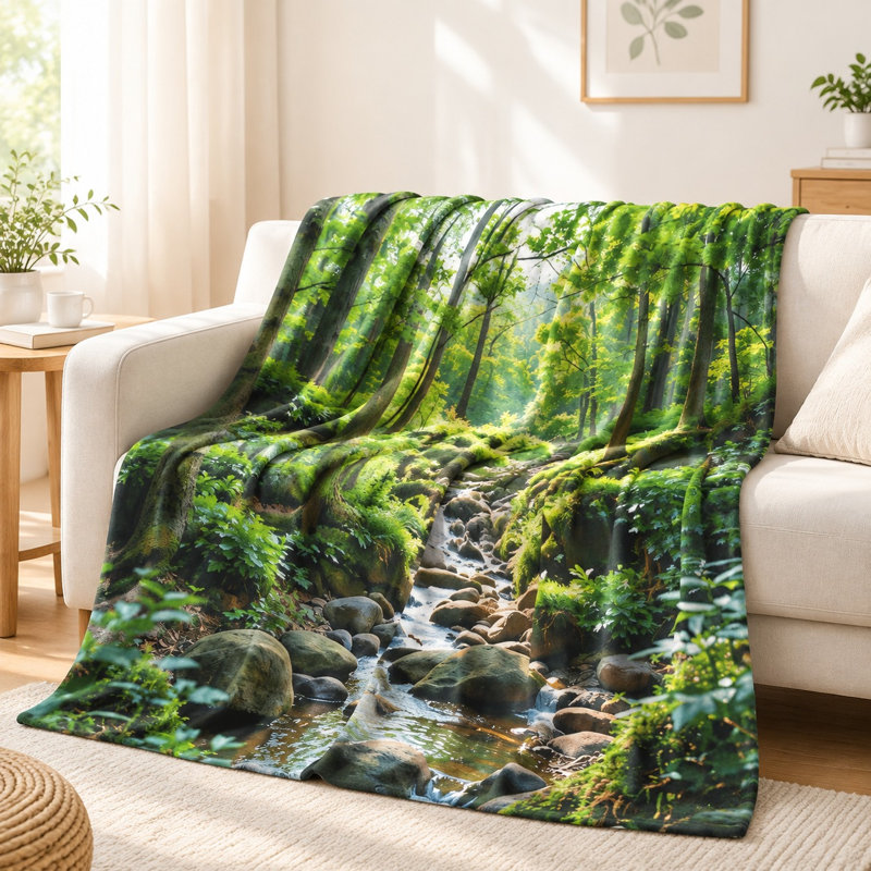 Plaid douillet en flanelle - Motif ruisseau forestier luxuriant, verdure éclatante et paysage naturel, ultra doux, léger, respirant, confort toutes saisons, agréable pour la peau, facile d'entretien, élément décoratif pour canapé, fauteuil, salon et chambre