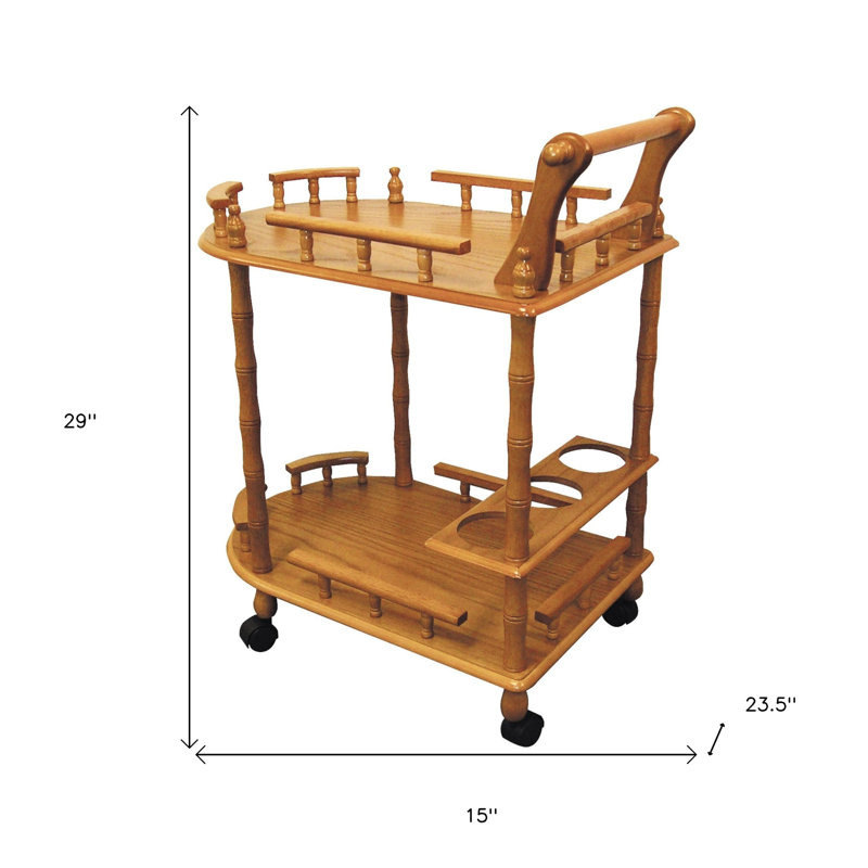 24" Oak Wood Rolling Bar Cart With Wine Storage, Oak