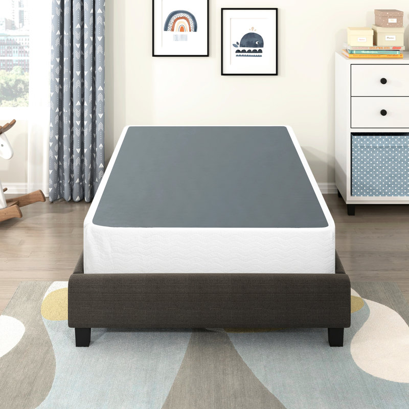 Twin Mattress Foundation In Black Metal & Textured Fabric Cover - 8.5" Tall, 12 Slat Support, Easy To Up, 350Lb Weight Capacity, Bedroom Key Element Assemble, Addition