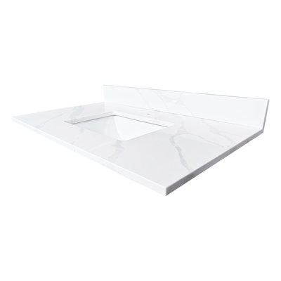 White Quartz 37-Inch Vanity Top, Undermount Middle Sink, 4-Inch Backsplash, 1 Faucet Hole, Add Style To Your Bathroom Top For Bathroom, Single High Pre-Drilled Stain , American Design