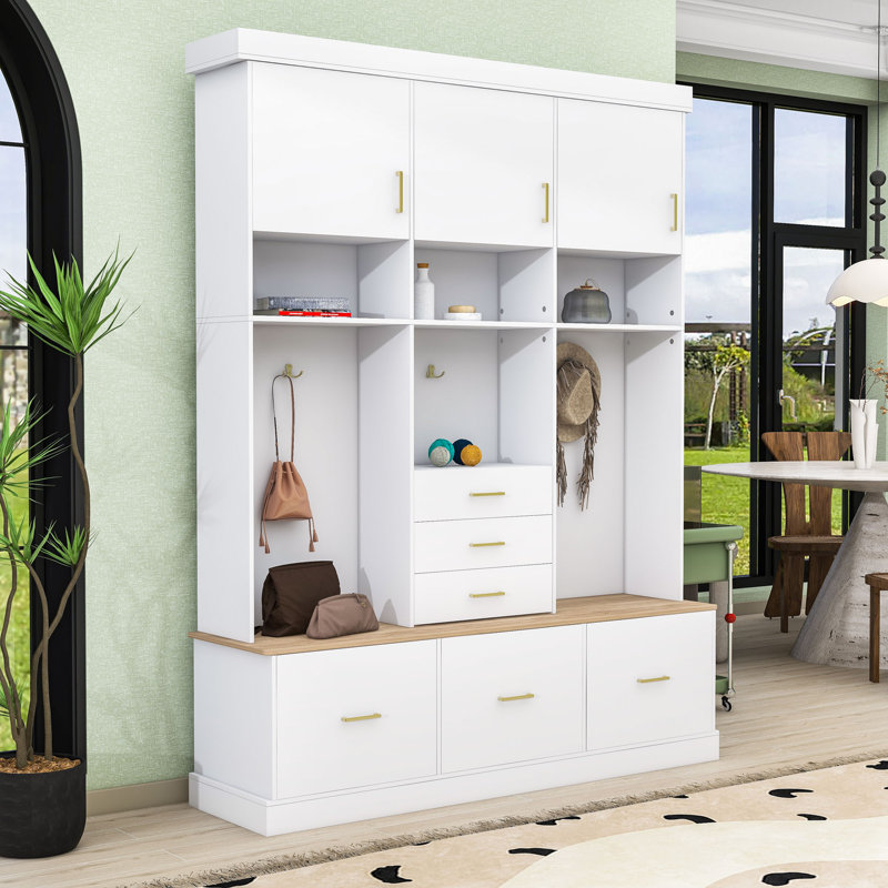 Multifunctional Hall Tree with Cabinets, Drawers, and Hooks for Organized and Stylish Living, White