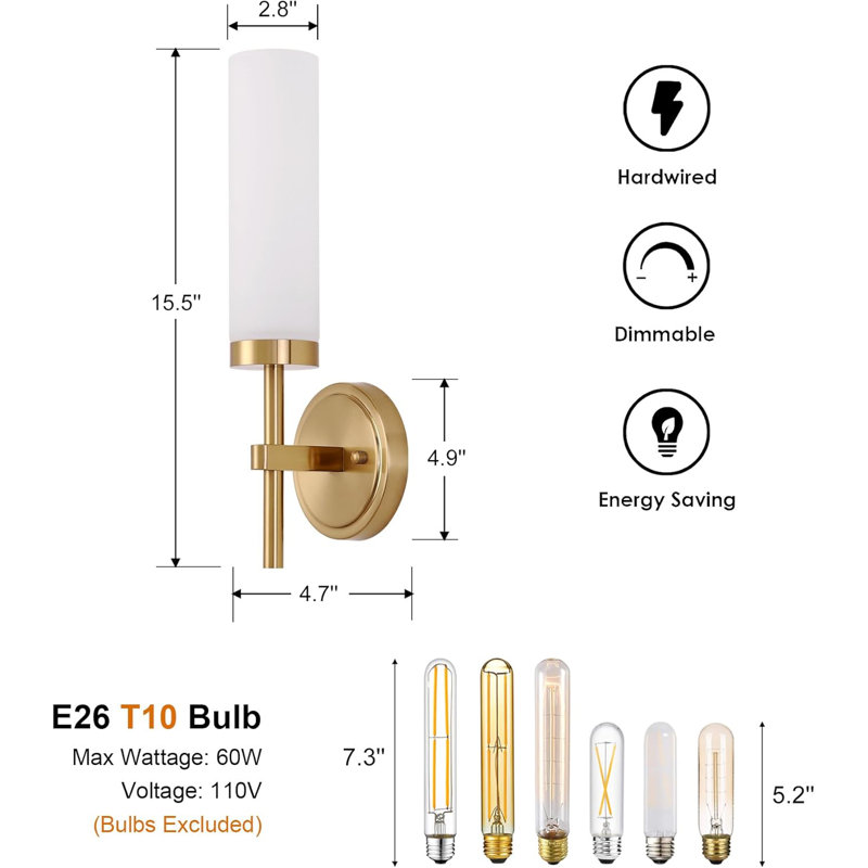 Ensemble de 2 appliques murales modernes, luminaire de meuble-lavabo câblé avec abat-jour en verre blanc opale pour miroir de salle de bain, chambre à coucher, salon, couloir et cuisine