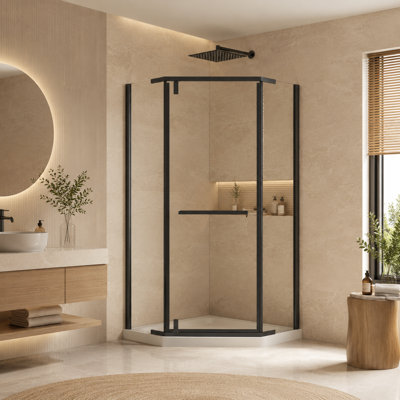 36 po x 72 po Neo-Angle porte de douche noire mat pivotante 1/4 po certifiée ANSI en verre trempé avec revêtement Nano Water Repellent (sans base de douche)