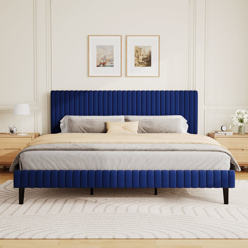 Tête de lit et pied de lit en velours avec revêtement matelassé, Très grand, Bleu