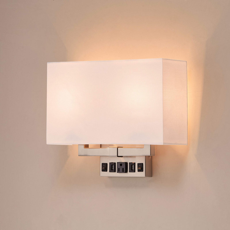 Modern White Fabric Shade Wall Sconce with USB Ports