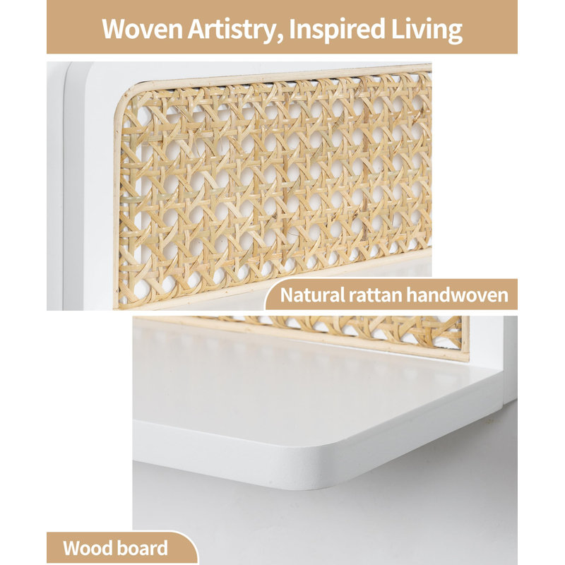 16" White Rattan Floating Shelves, Boho Display Wall Shelves with Cane Webbing, Set of 2