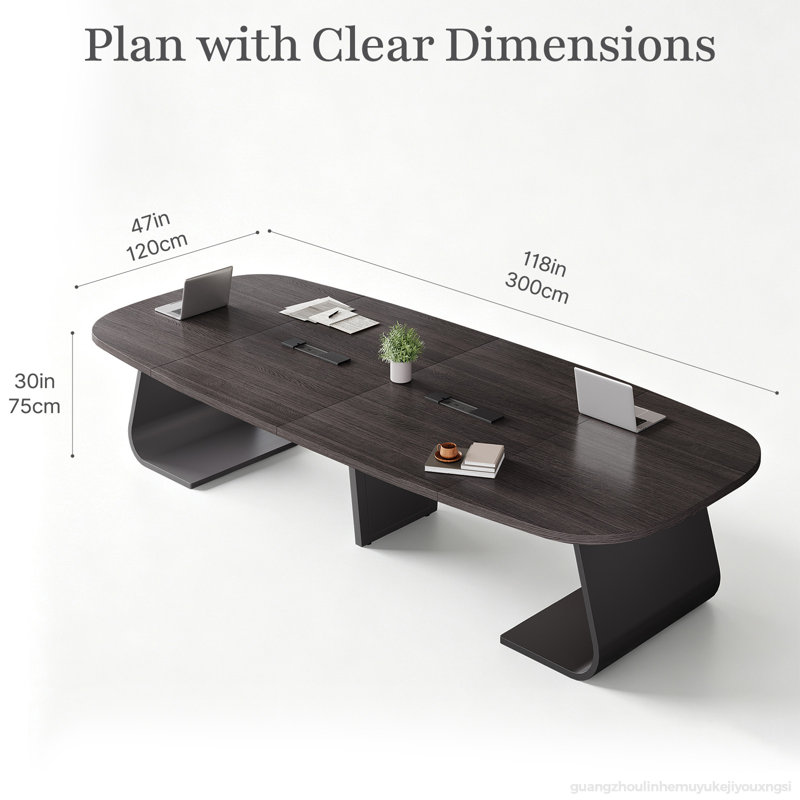 Table de conférence moderne de 118 pouces (3 m) de forme ovale, avec double système de gestion des câbles, plateau en noyer et pied central noir.