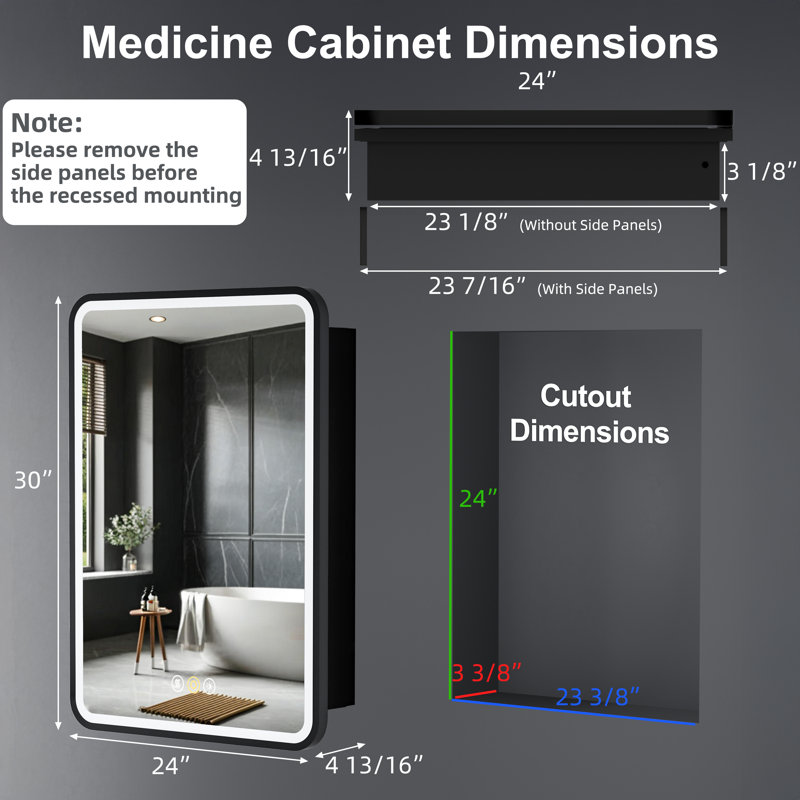 Armoire à pharmacie encastrée en fer avec miroir 24 po x l 24 po x H 30 po Fruzsina, H 30 po x l 24 po x P 4,8 po, Noir, Oui