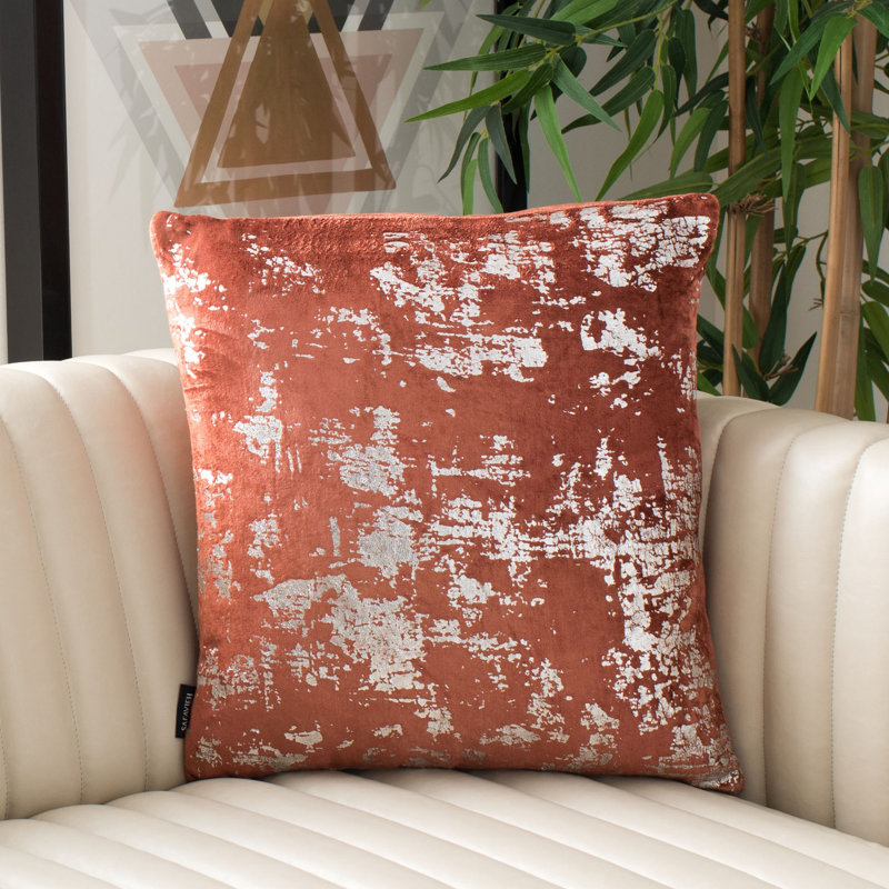 Burnt Orange Velvet Square Decorative Pillow with Silver Foil
