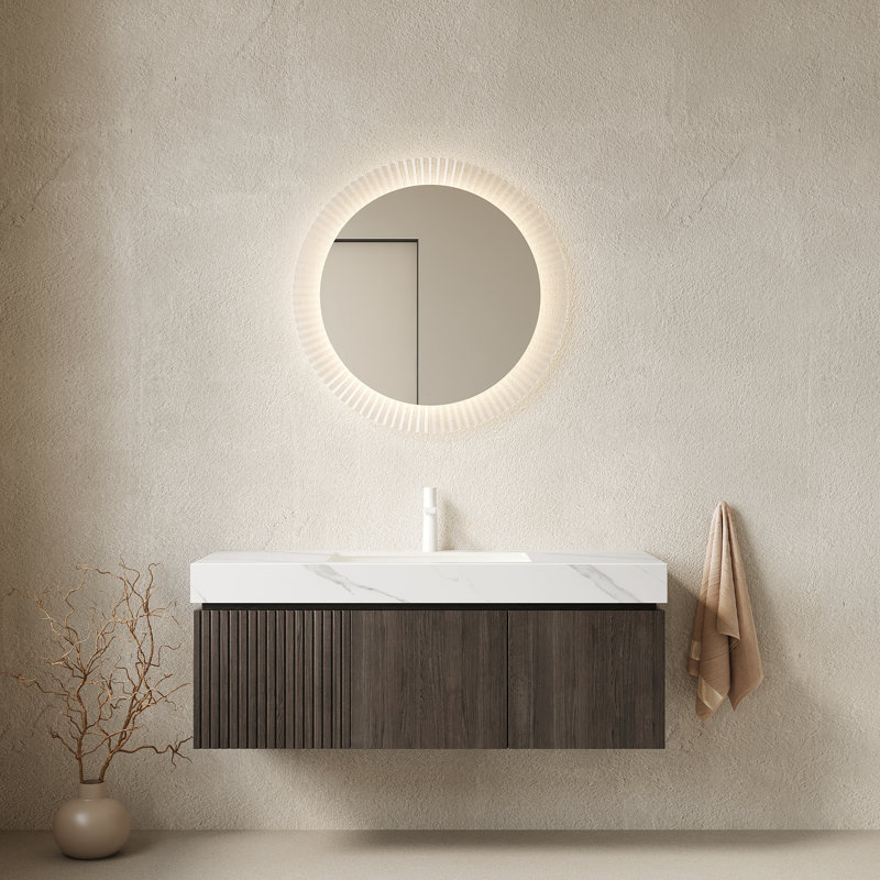 Ensemble de meuble-lavabo 48 po avec lavabo en contreplaqué flottant avec tiroir et portes, comptoir en pierre frittée blanc Carrara