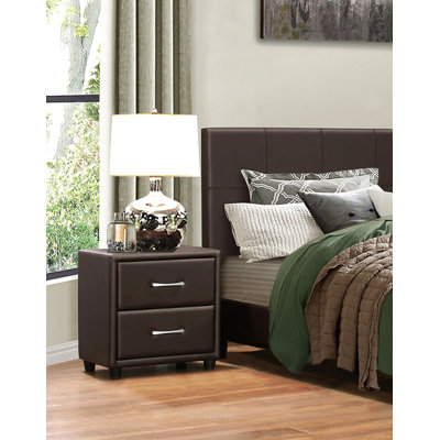 Mobilier de chambre à coucher contemporain 1Pc, deux tiroirs, table de chevet, poignées argentées, revêtement en similicuir, PVC brun foncé