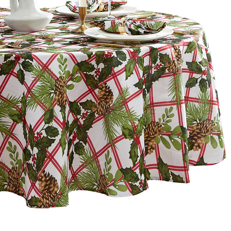 Festive Pinecone Plaid Red and Green 70" Round Fabric Tablecloth