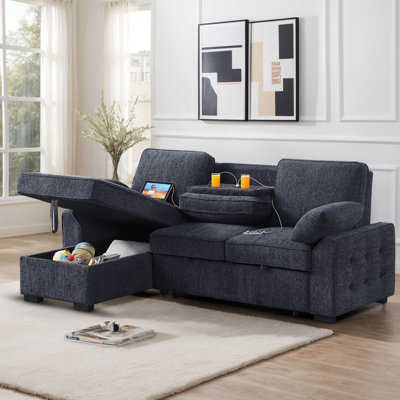 Latitude Run® 91.5 " Modern Shariff Reversible Chenille Upholstered Sleeper Sectional Sofa with Storage Chaise