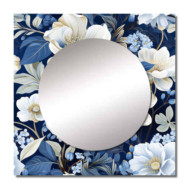 Icy Blue Snowy White Flowers Scenery - Art mural miroir floral carré pour la salle de bain, 23 po x 23 po