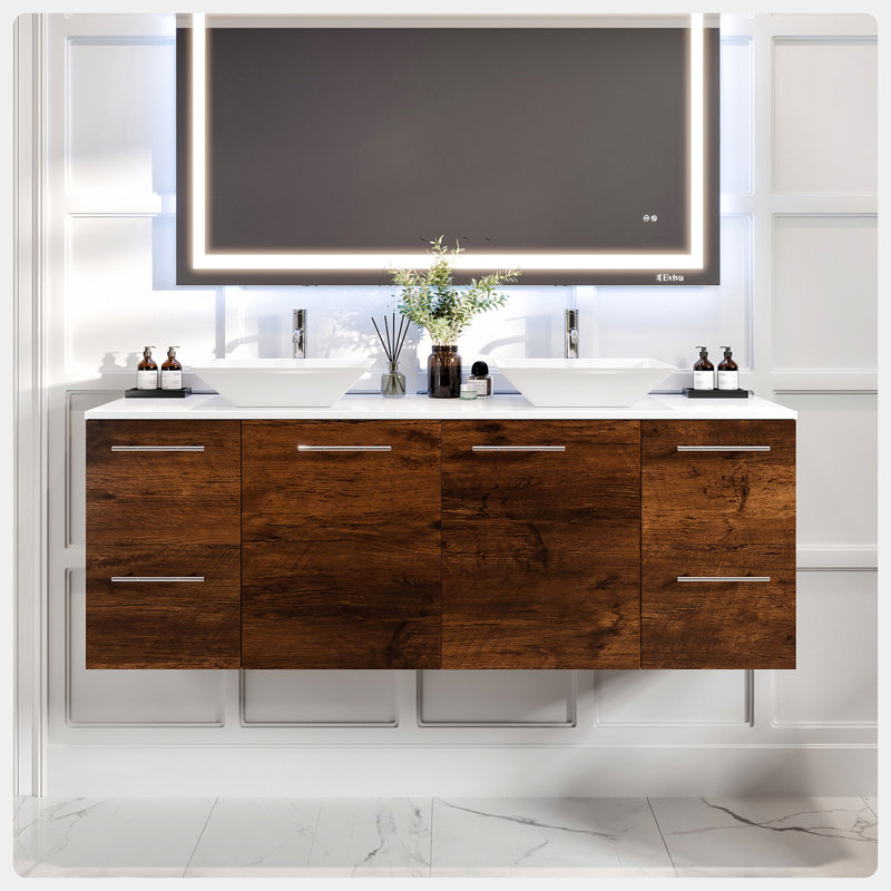 Meuble-lavabo double 60 po avec dessus de meuble-lavabo Prancer, Palissandre