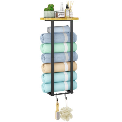 Porte-serviettes pour salle de bain, porte-serviettes avec tablette de rangement, porte-serviettes mural de 27 pouces pour petite salle de bain, porte-serviettes mural pour serviettes roulées