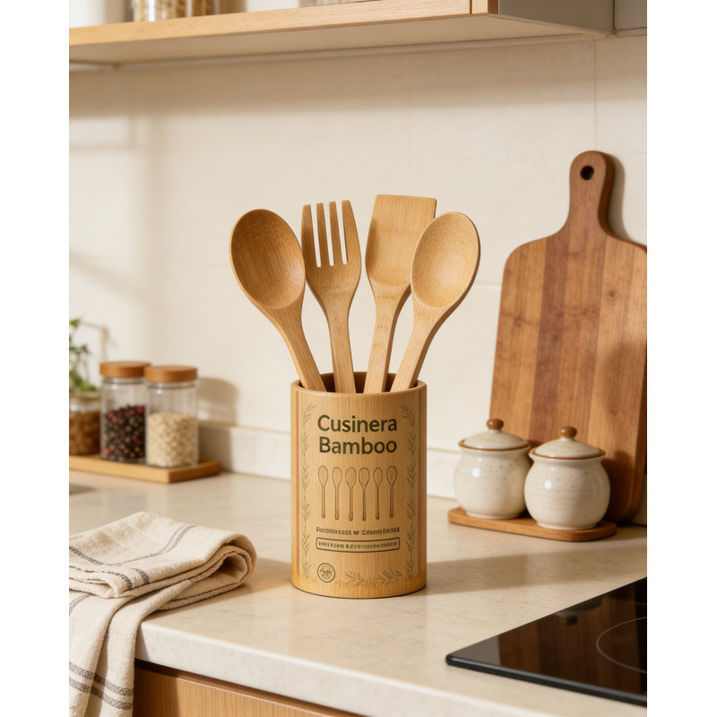 Ensemble d'ustensiles 6 pièces en bois de bambou pour la cuisson - Cuillères et spatules de cuisine allant au lave-vaisselle pour batterie de cuisine antiadhésive - Outils de cuisson écologiques de qualité supérieure