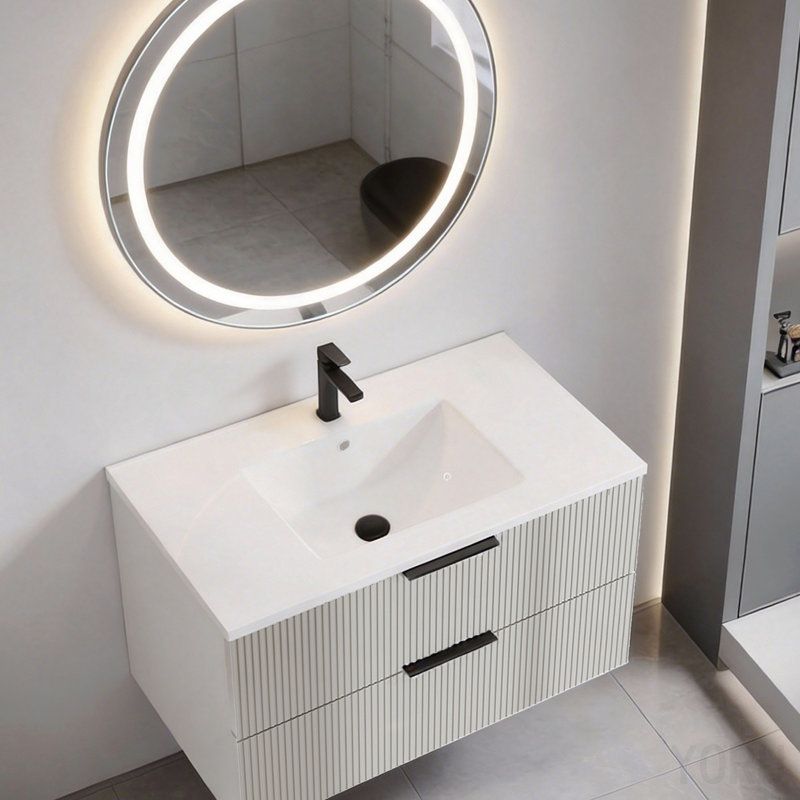 Meuble-lavabo 36 po avec lavabo en céramique - Meuble-lavabo mural flottant cannelé gris avec tiroirs, moderne