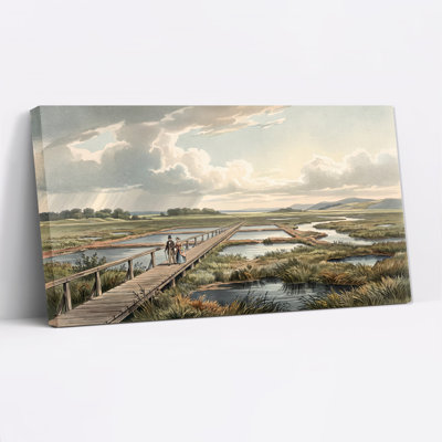 Couple vintage marchant sur un pont en bois, paysage de marais, toile murale