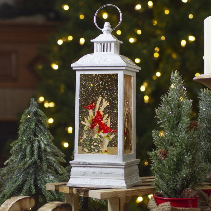 11" White And Brushed Silver Christmas Cardinals Snow Globe Lantern