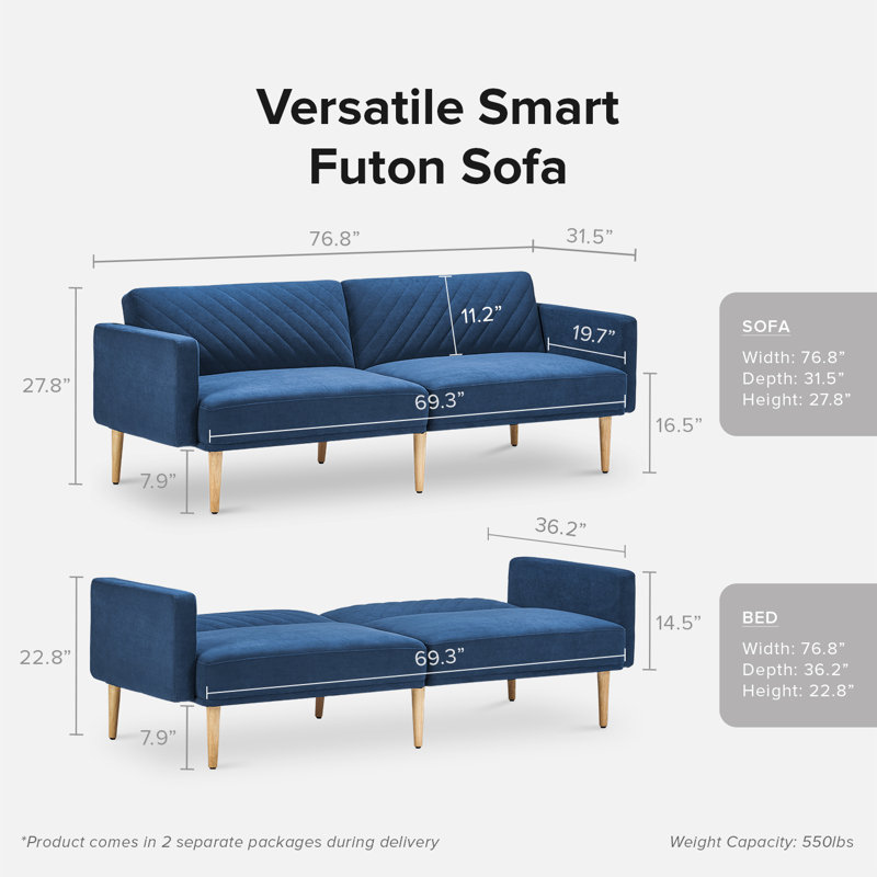 76.8'' Velvet Convertible Sofa, Classic Blue Velvet