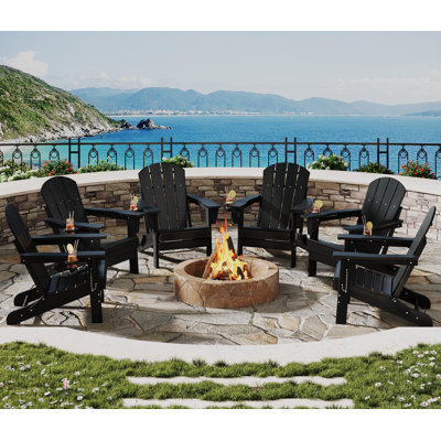 Folding Adirondack Chair Set of 6, HDPE Outdoor Patio Chair with Cup Holder, All Weather Resistent Wooden Textured for patios, Decks, Gardens, fire Pit, Black