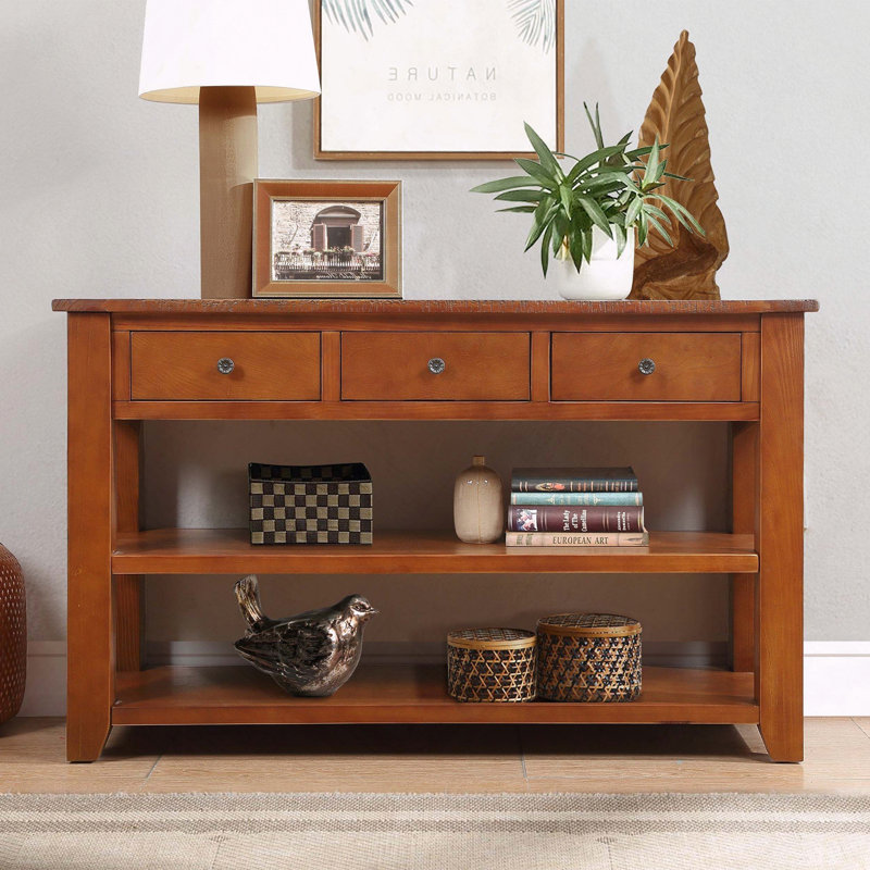 Console en bois de pin massif avec 3 tiroirs et 2 tablettes, Brun