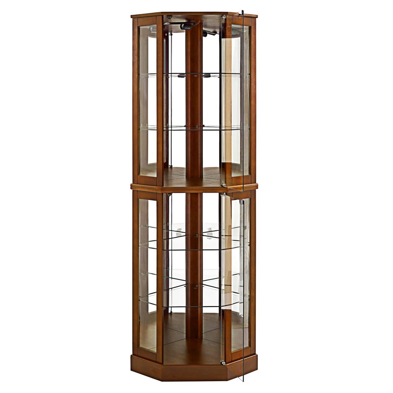 Walnut Lighted Corner Curio Cabinet with Tempered Glass Shelves