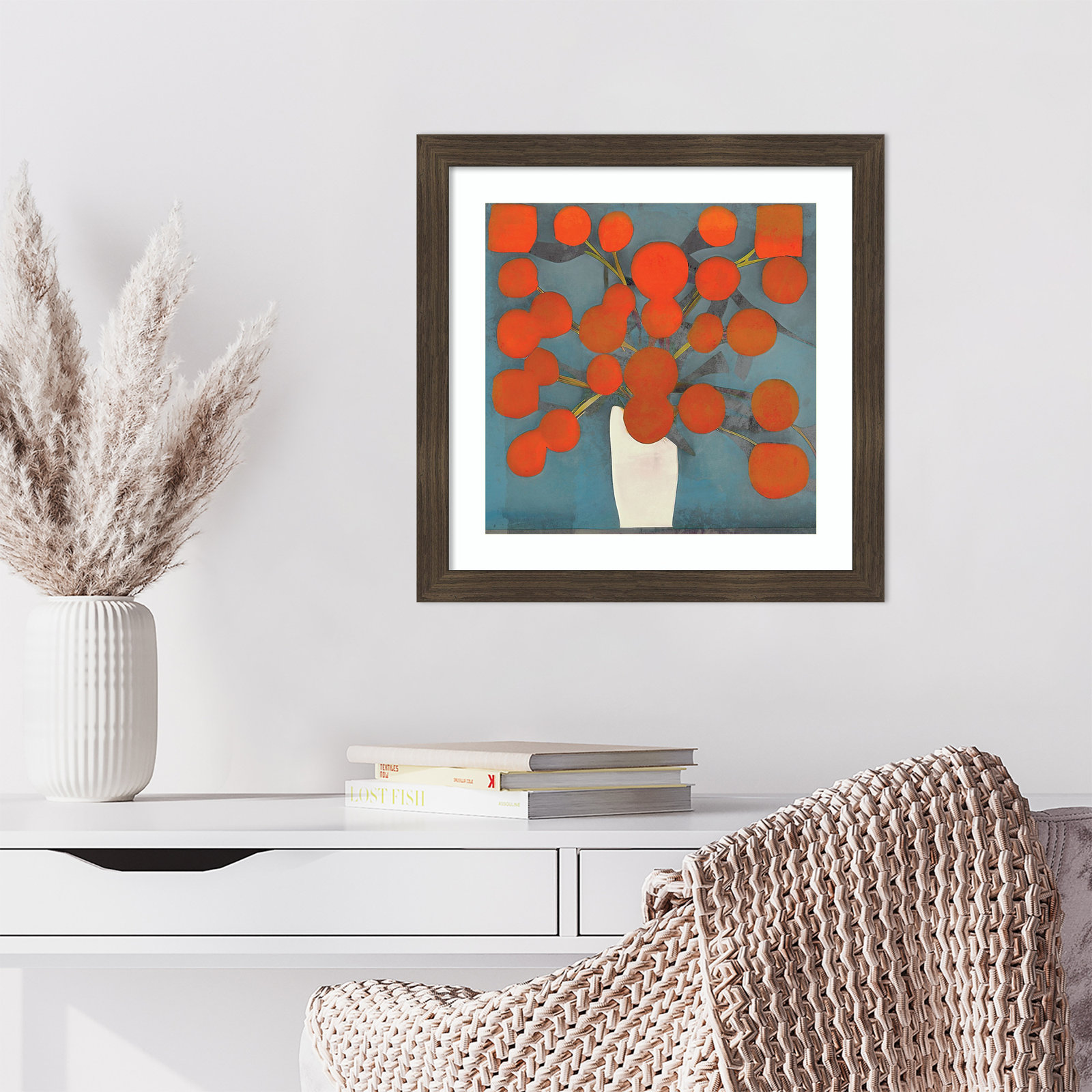 Abstract Orange Flowers by Elena Ray Wood Framed Wall Art Print, Dark Brown, 18" H x 18" W