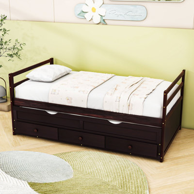 Twin Wooden Platform Bed with Trundle and 3 Drawers by Lark Manor