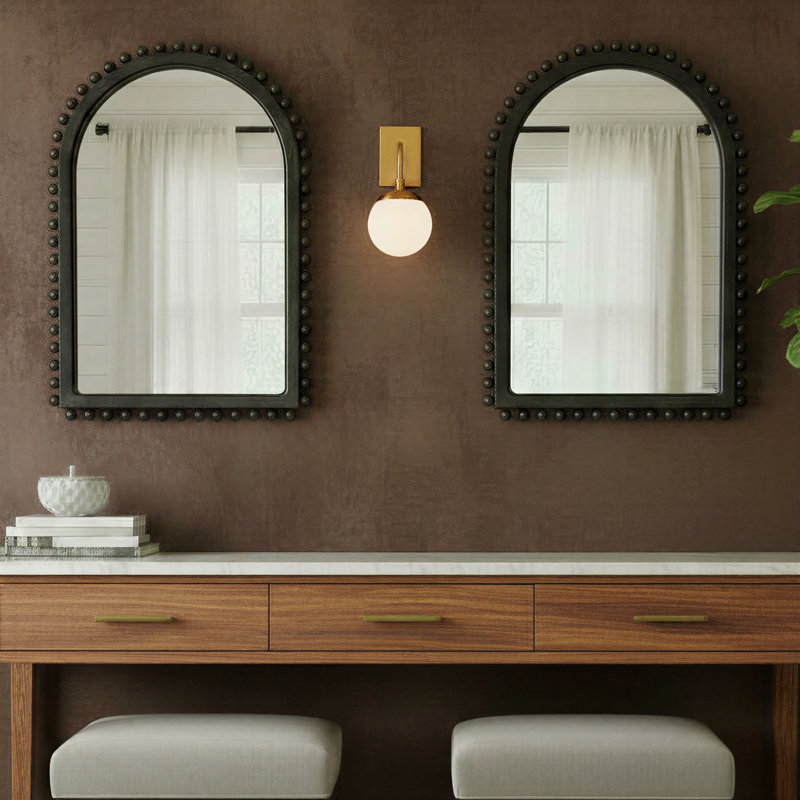 Willa Wood Ball Framed Arched Wall Mirror, 34" x 24", Black