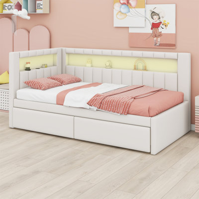 Upholstered Platform Bed With USB Ports And LED Belt, With 2 Drawers