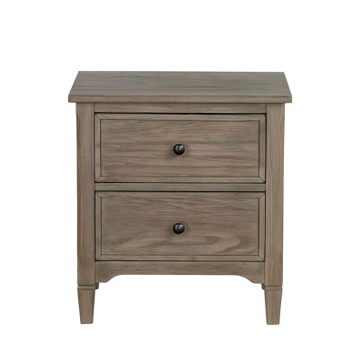 Table de chevet 2 en bois massif gris chaud brossé, poignée ronde en bronze, idéale pour la chambre, deux tiroirs de rangement, texture grainée, compacte, 56,5 cm de profondeur, 40,4 cm de largeur, 62,2 cm de hauteur, 111,2 cm de hauteur.