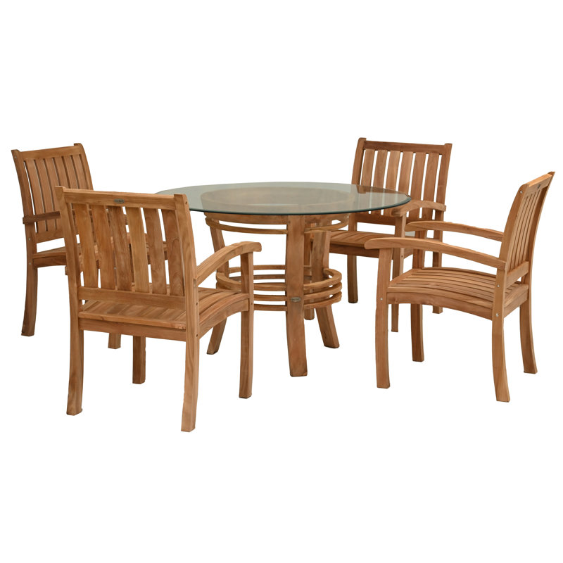 5 Piece Teak Wood Dining Set Including 47" Round Half Moon Table & 4 Abacho Arm Chairs