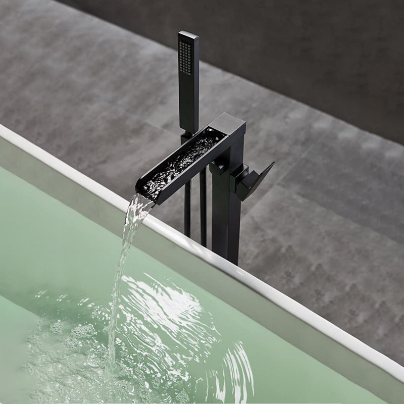 Waterfall Single-Handle Freestanding Tub Faucet Floor Mount Filler With Square Hand Held Shower , Matte Black