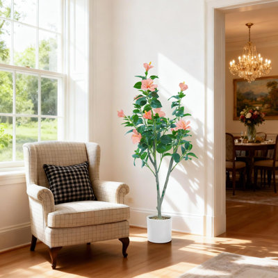Arbre à fleurs artificielles exotiques, arbre à fleurs artificielles de 47,2 po avec feuillage de soie réaliste et pot de fleurs blanc, plante décorative d'intérieur pour le bureau de salon