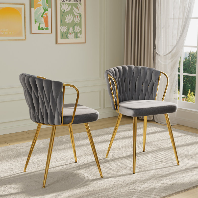 Modern Velvet Dining Chairs Set of 2, Woven Upholstered Dining Chairs with Slver Metal Legs, Modern Accent Chairs for Living Room, Dining Room, Kitchen
